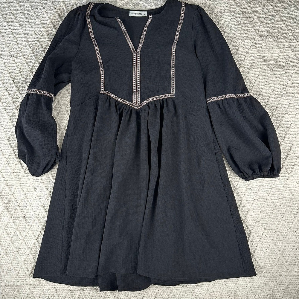 RustyDustty Women's Black Long Sleeve Dress V Neck Tiered Boho Size L
